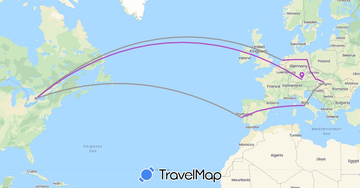 TravelMap itinerary: plane, train in Austria, Canada, Czech Republic, Germany, Spain, Croatia, Hungary, Italy, Netherlands, Portugal, Slovakia (Europe, North America)